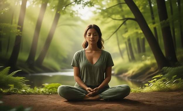 Женщина медитирует для снижения стресса, влияющего на поседение