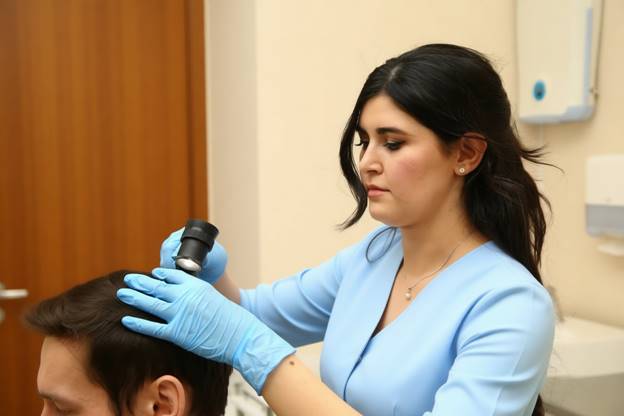 Врач проводит процедуру на коже головы пациента