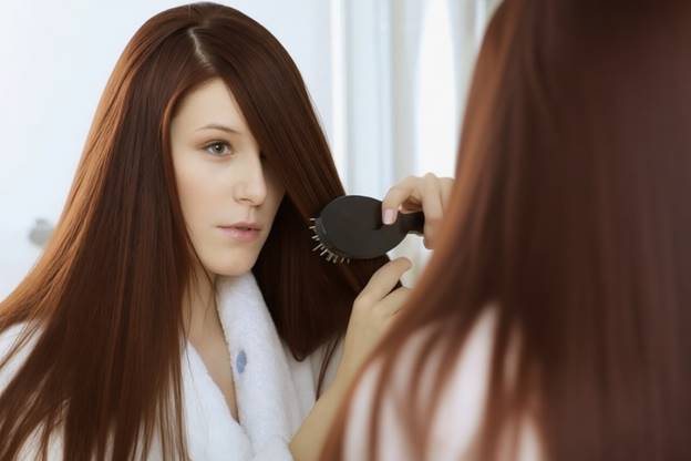 Крупный план руки, осторожно расчесывающей волосы широкой деревянной расческой, начиная с кончиков.