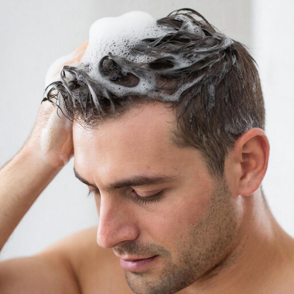Мужчина моет голову шампунем, вспенивая волосы вручную