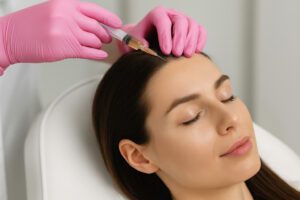 Косметолог делает инъекцию в кожу головы женщины