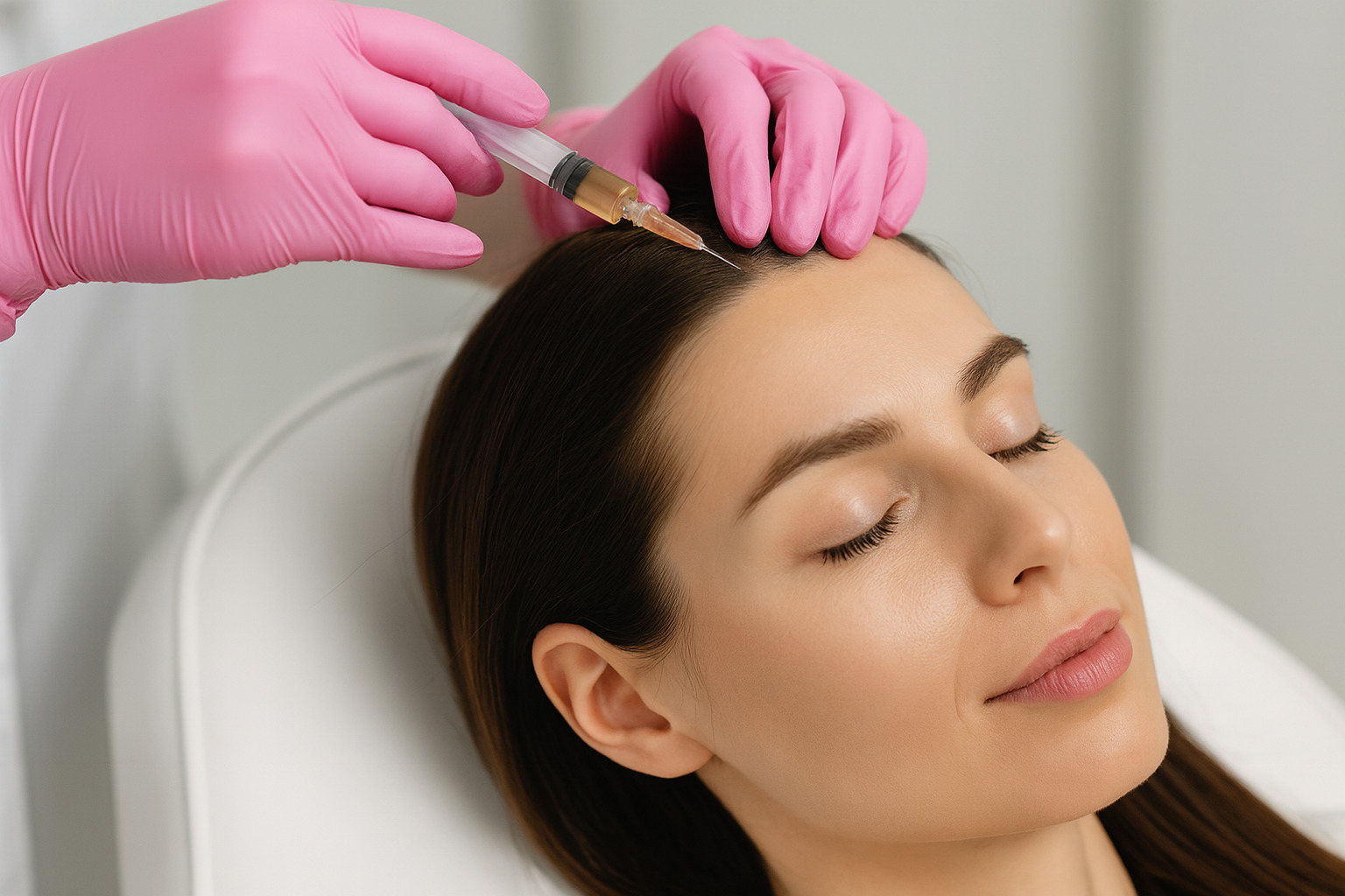 Косметолог делает инъекцию в кожу головы женщины