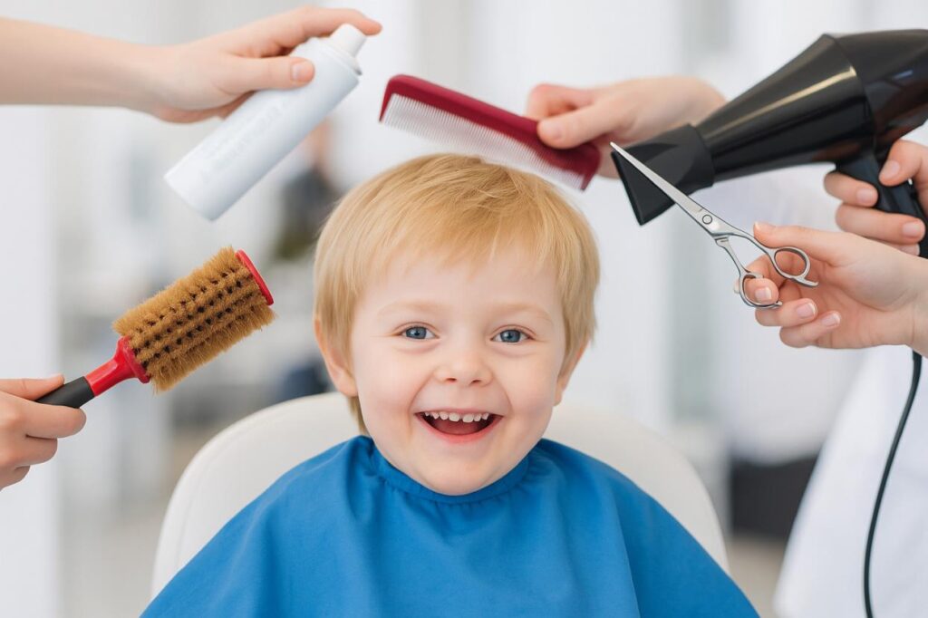 Ребёнок улыбается, пока вокруг него работают парикмахеры