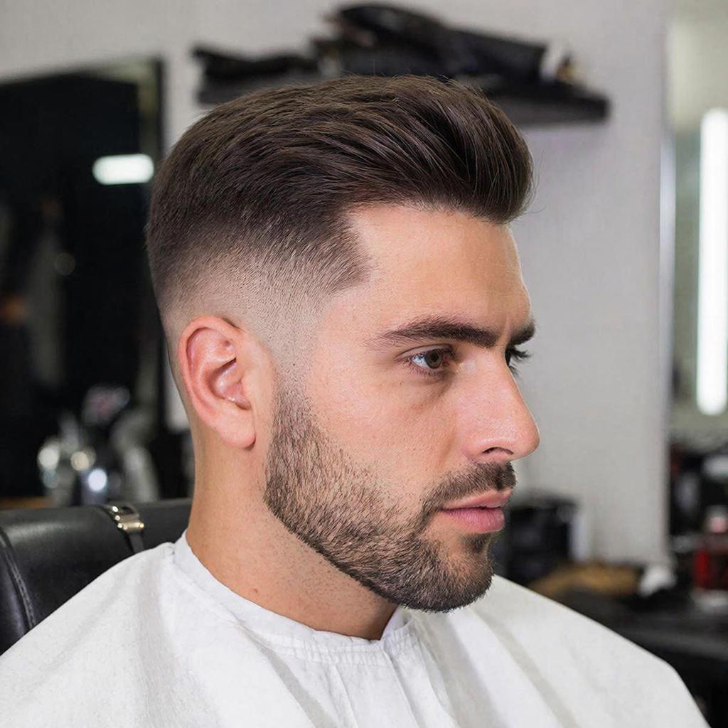Мужчина с аккуратной стрижкой после ухода у барбера