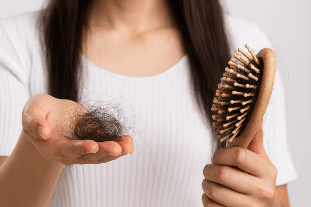 Женщина держит выпавшие волосы в руке и расческу с волосами