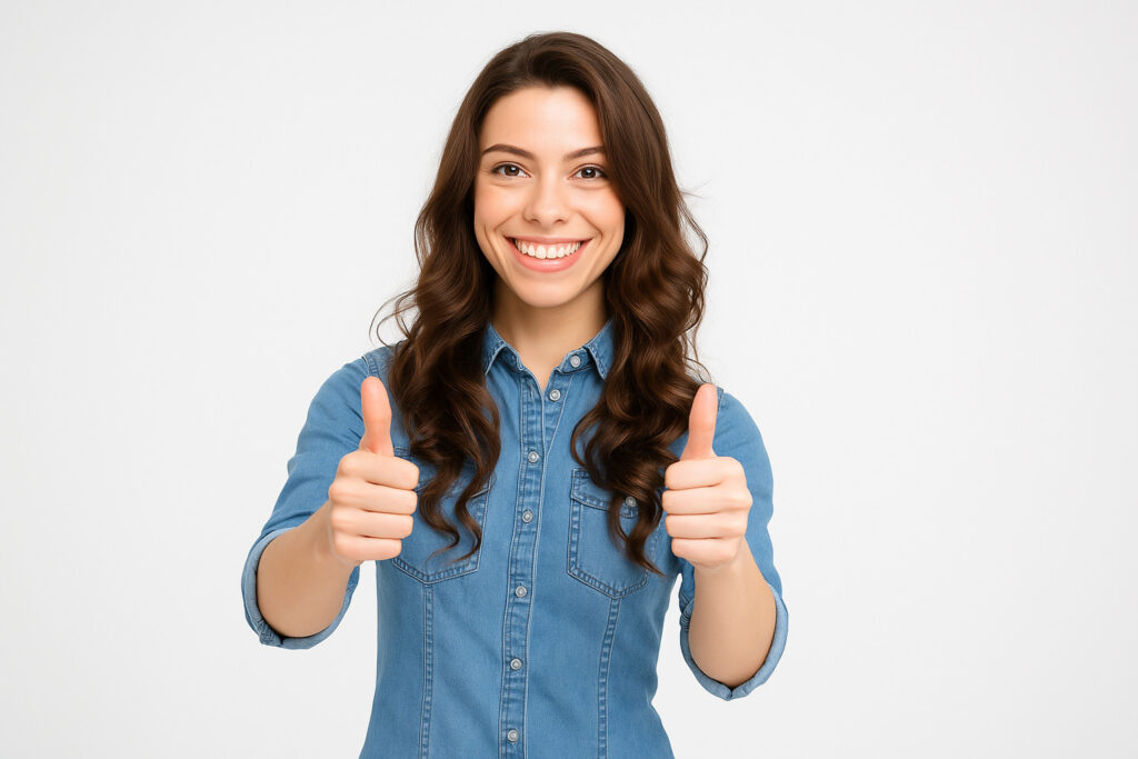 Улыбающаяся женщина показывает жест 'класс'