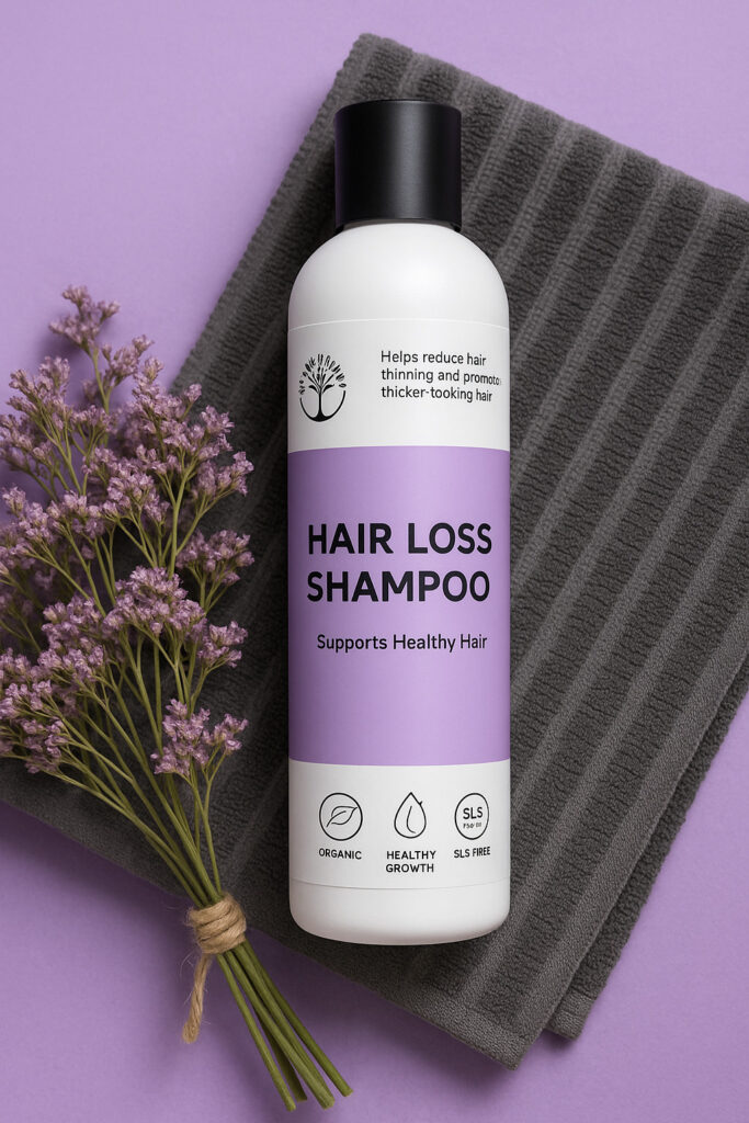 Бутылка шампуня на фоне полотенца и веточки сухоцветов