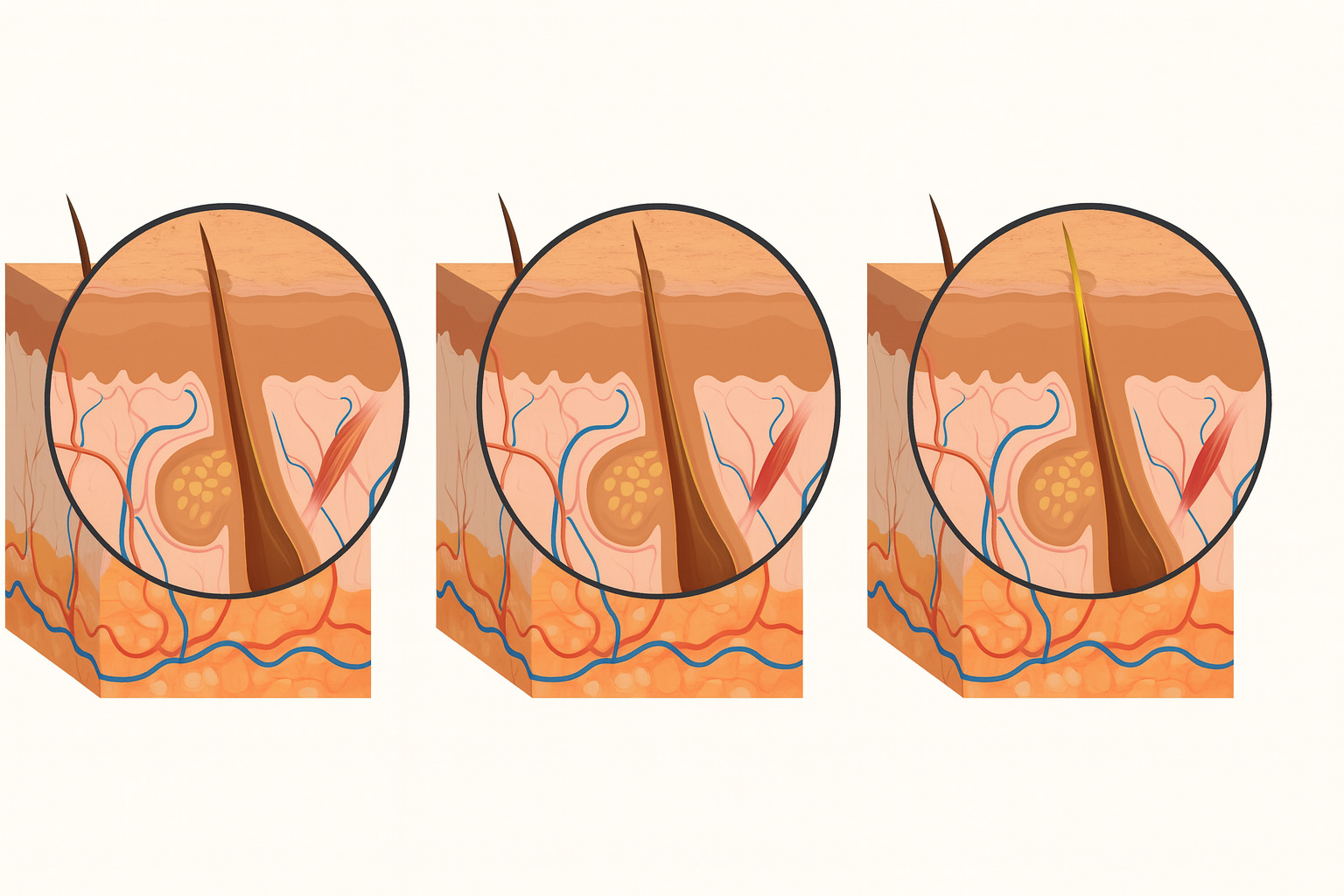 Иллюстрация структуры кожи и волосяного фолликула с увеличенными фрагментами