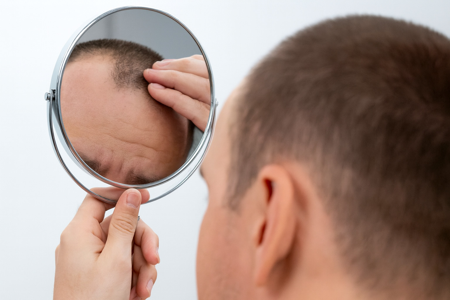 Мужчина рассматривает зону облысения через зеркало