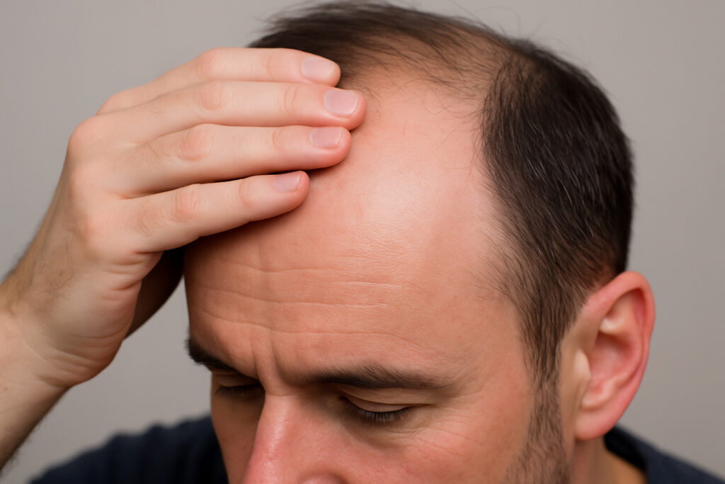 Мужчина показывает зону поредения вдоль линии роста волос
