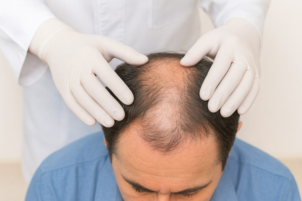 Врач в перчатках осматривает кожу головы пациента с выраженным поредением волос