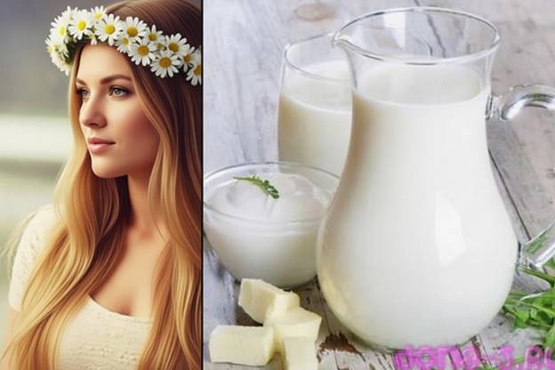 Девушка с длинными волосами и кувшином молочных продуктов