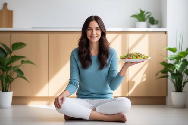 Женщина с тарелкой салата — здоровое питание как основа красоты волос